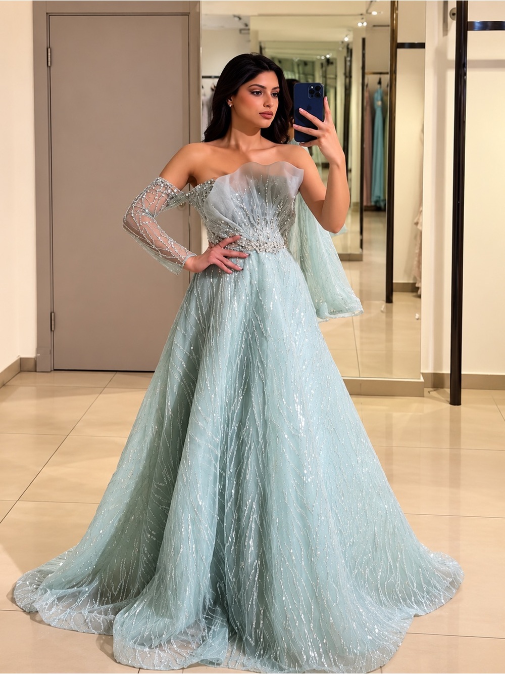 Stunning Sage Mint Green Embellished Evening Ball Gown | Size XL